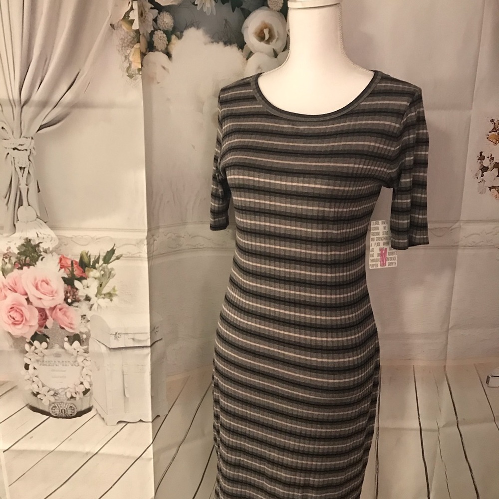 M LuLaRoe Julia Dress NWT Black Grey White Stripe